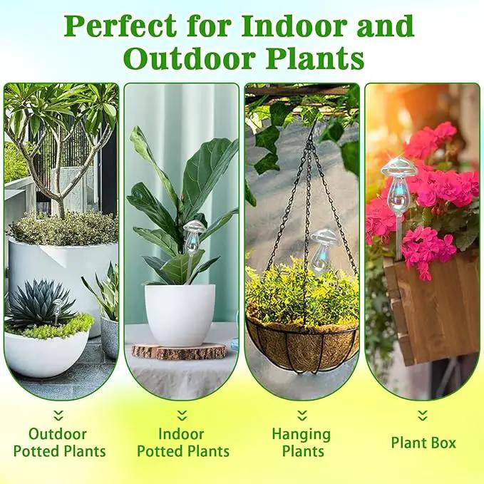 Plant Watering Globes, 4PCS Iridescent Rainbow Gradient Color Clear Glass Mushroom Self Watering Spikes Planter Insert, Automatic Plant Waterer Bulbs Devices for All Plants 9" L × 3.5" D by GreenHaven Gardens