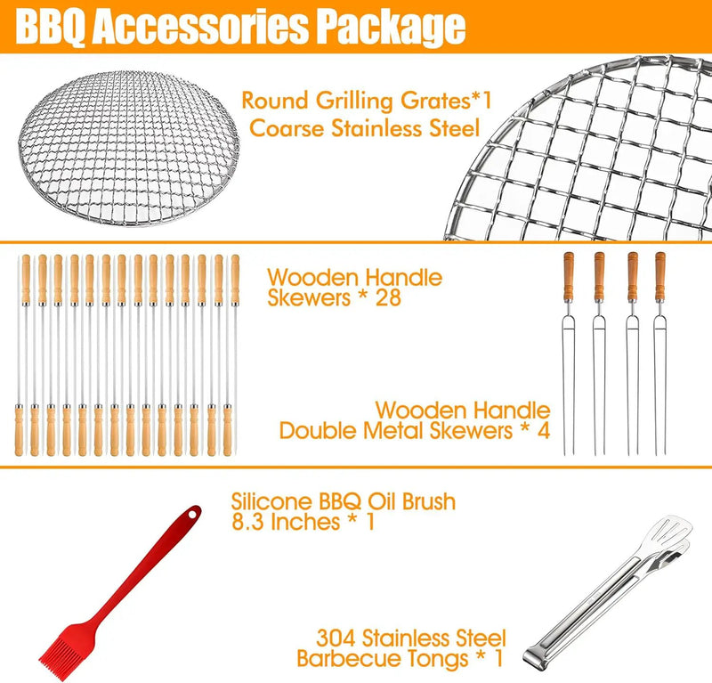 Stainless Steel Smokeless Barbecue Surround Charcoal Grill, Portable kebabs Charcoal Grill with Grilling Accessories Set, Diameter 15.4 inch/28 Kabob Skewer by GreenHaven Gardens