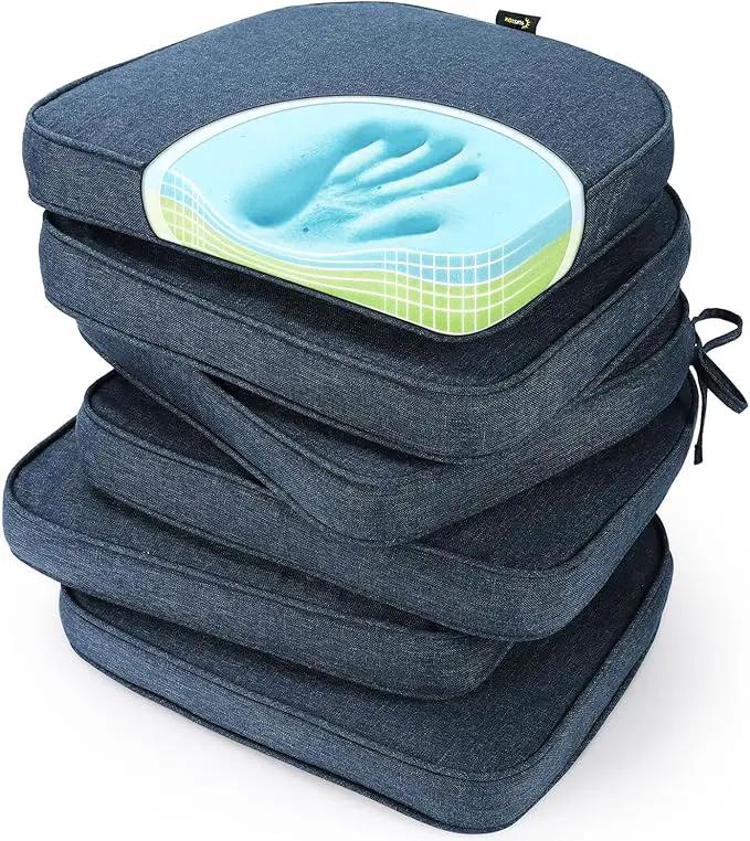 SUNROX Gel Memory Foam Chair Cushions, FadeShield Water-, Stain-Resistant Durable Reversible Seat Cushion Pads with Ties for Indoor/Outdoor Kitchen Dining Office, 17"x16", Set of 6, Heather Indigo by GreenHaven Gardens