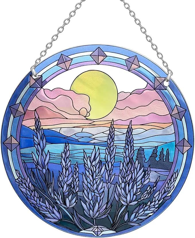 6’’ Lavender Suncatcher Stained Glass - Sun Catcher with Mountain Stained Glass Window Hanging, Suncatchers for Windows Hanging, Lavender Wall Decor, Suncatcher Gifts for Women/Friends/Lover by GreenHaven Gardens