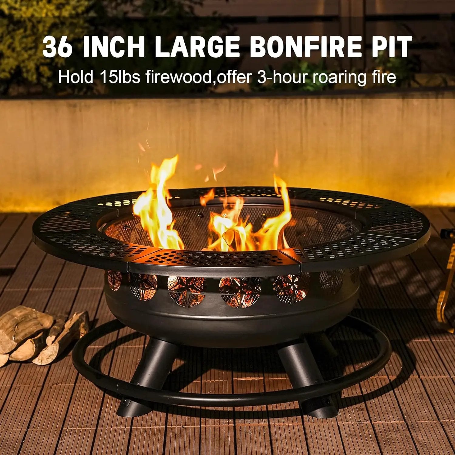 36 Inch Fire Pit with 2 Cooking Grills,Outdoor Wood Burning BBQ Firepit with Lid, 3-in-1 Outdoor Fire Pit for Backyard Deck Bonfire Patio Picnic(Black) by GreenHaven Gardens