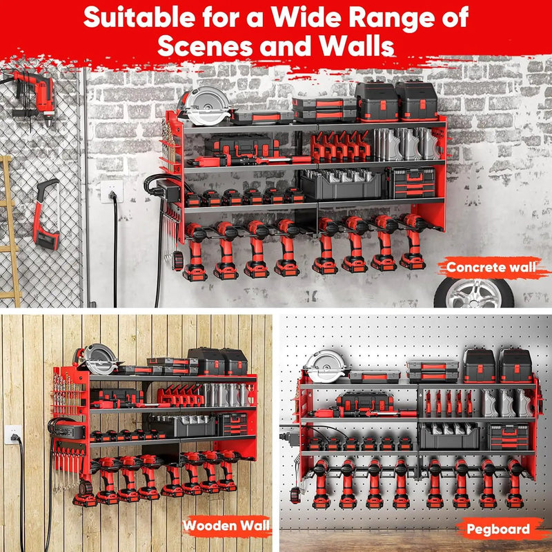Large Power Tool Organizer Wall Mount with Charging Station,4 Layer Heavy Duty Metal Tool Storage Shelf Loads 600lbs,Battery Utility Rack With 4 Outlet Power Strip with 8 Cordless Drill Holder by GreenHaven Gardens