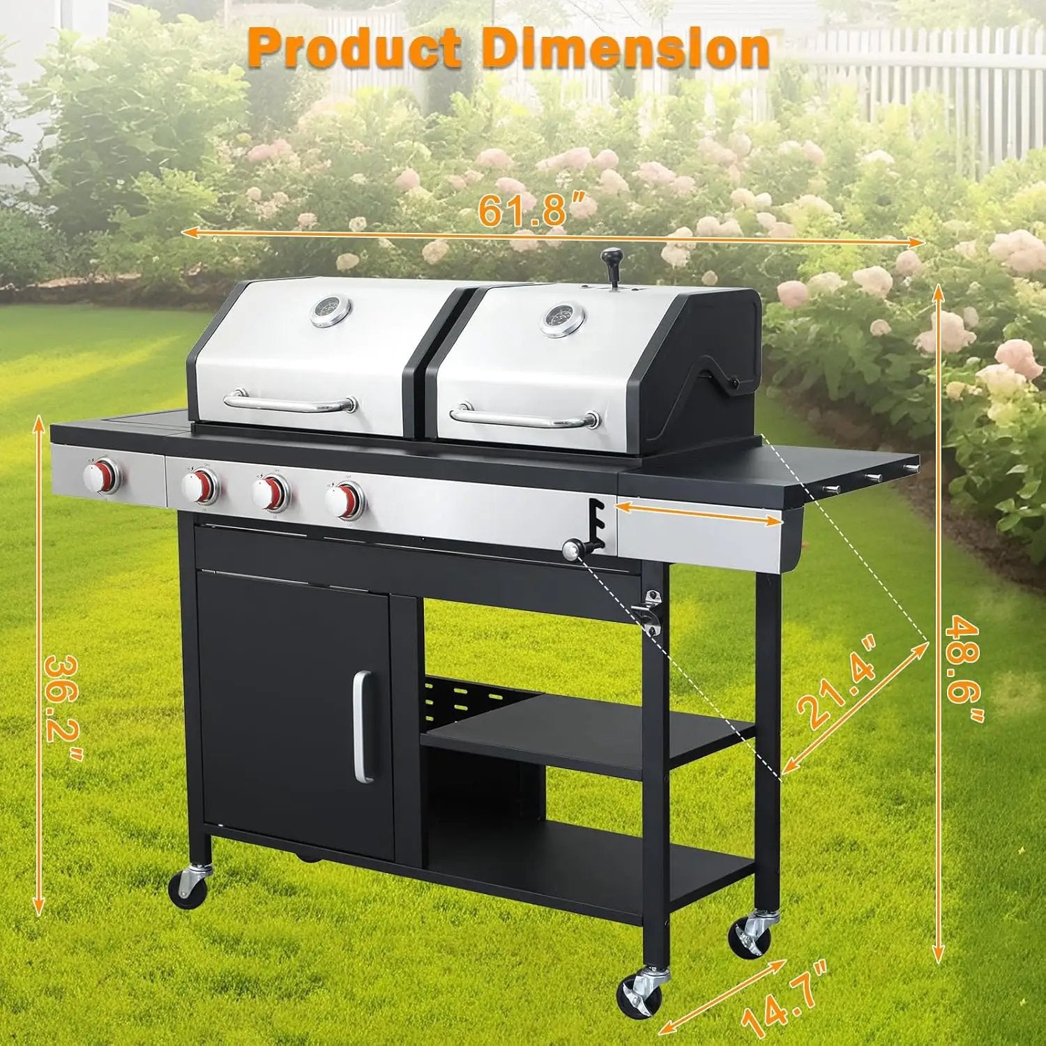 3-Burner Gas and Charcoal Combo Grill with Griddle Plate, 37,230 BTU, Stainless Steel & Enameled Grates, Side Burner + Storage Cabinet for Backyard, Tailgating, Teppanyaki by GreenHaven Gardens
