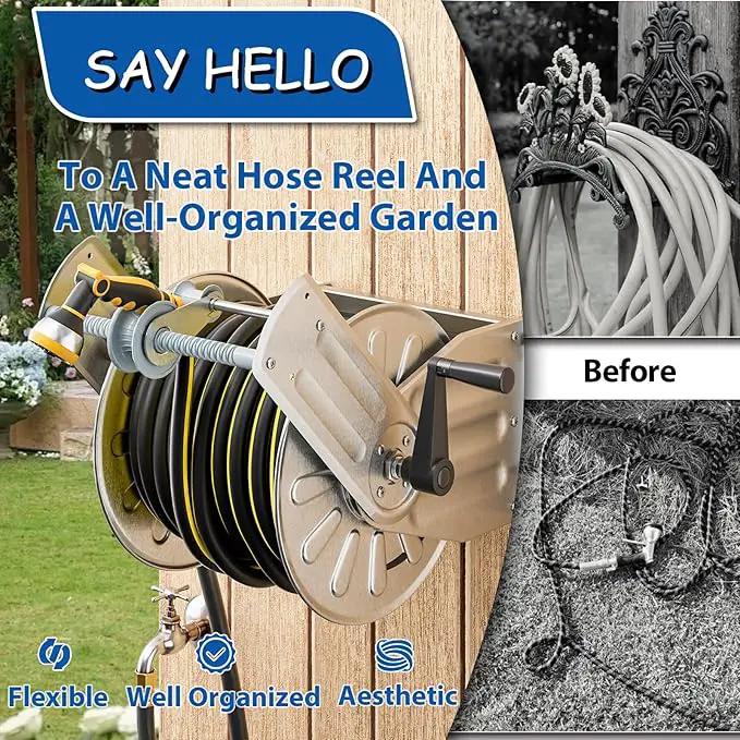 GREENER Stainless Steel Hose Reel for Outside,Wall Mount Garden Hose Holder Heavy Duty Metal Reel, 3/4" Solid Connector with 5/8" Inlet Hose and Crank,100-Feet 5/8" Hose Capacity by GreenHaven Gardens