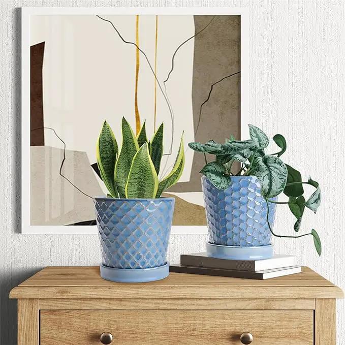 EFISPSS Plant Pots, 5 Inch Pots for Indoor Plants, Planters with Drainage Hole and Saucer, Ceramic Flower Pots Desktop Office Windowsill Decoration Gift Set of 4 - Sky Blue by GreenHaven Gardens