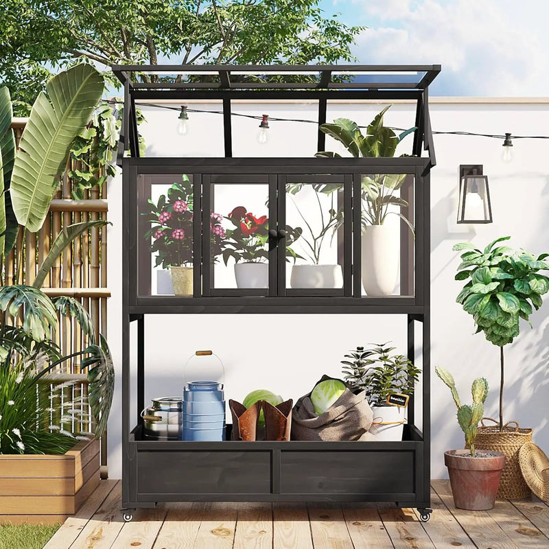 Garden Wood Portable Cold Frame - Mini Greenhouse with Wheels, Open Roof & Storage (Black+ Wood Color + WoodColor) by GreenHaven Gardens