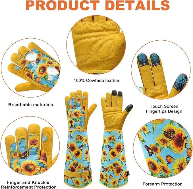 DLY Gardening Gloves for Women, Rose Gloves Gardening Thorn Proof, Long Garden Gloves for Women, Breathable Cowhide Leather Gauntlet (Medium, Blue) by GreenHaven Gardens