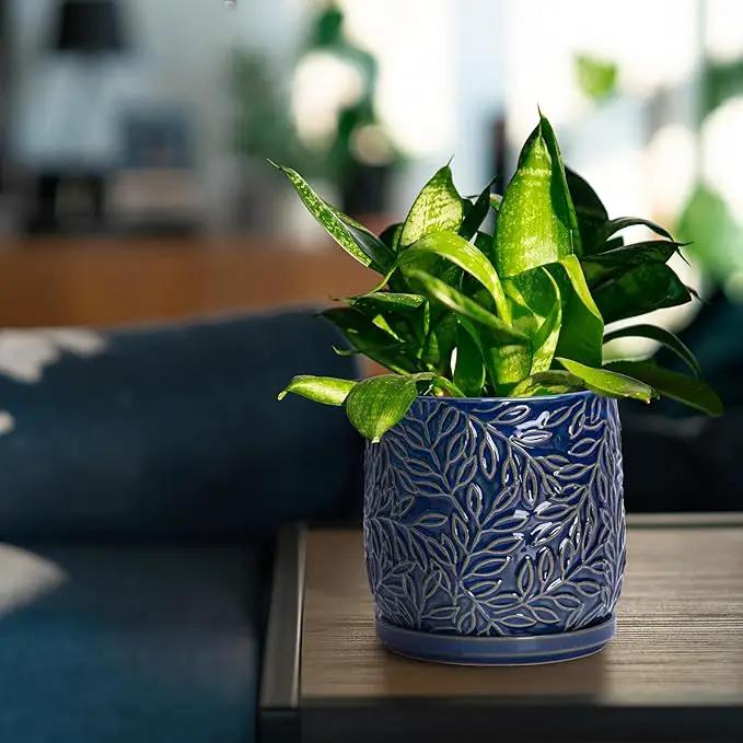 D'vine Dev 5 Inch Embossed Leaves Stoneware Planter Pot with Drainage Hole and Saucer, Midnight Blue, 27-A-V-3 by GreenHaven Gardens