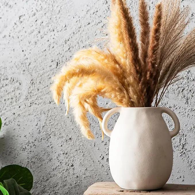 Kimdio White Ceramic Vase with 2 Handles – Sand-Glazed Clay Pottery Vase for Dried Flowers, Rustic Modern Table Decor, Farmhouse Boho Shelf Decoration by GreenHaven Gardens