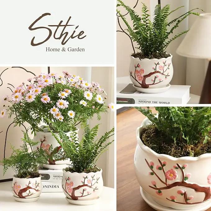 Ceramic Plant Pots with Drainage Holes and Saucers, Round Flower Pots for Indoor Plant, 3.9/5.2/6.7 Inches Small Flower Planters Set of 3 by GreenHaven Gardens