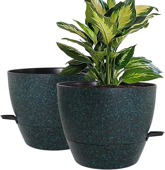 WOUSIWER 10 inch Self Watering Planters, 2 Pack Large Plastic Plant Pots with Deep Reservior and High Drainage Holes for Indoor Outdoor Plants and Flowers, Speckled Black with Green by GreenHaven Gardens