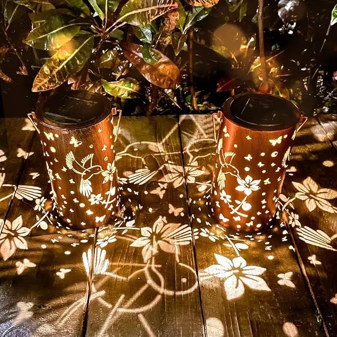 2 Pack Hummingbird Solar Lanterns Outdoor Hanging Lantern Lights, Hollowed-Out Metal Decor Lantern by GreenHaven Gardens