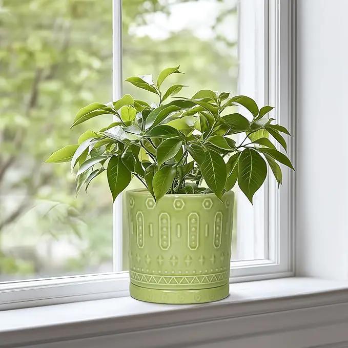 Ceramic Pot for Plants - 6 Inch Indoor Planter with Drainage Hole and Saucer, Round Decorative Flower Pots Outdoor, Boho Succulent Planter, Garden Home Decor, Gifts for Plant Lover, Green by GreenHaven Gardens
