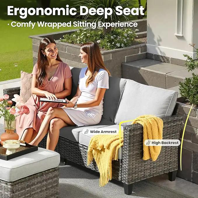 ovios 6 Pieces Patio Furniture Set with 54" Fire Pit Table, Outdoor Wicker Sofa with Comfy Cushions, All Weather High Back Rattan Couch Conversation Set, Grey by GreenHaven Gardens