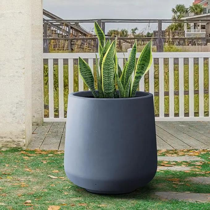 Kante 15.3" Dia Round Concrete Planter, Outdoor Indoor Large Plant Pots Containers with Drainage Hole and Rubber Plug for Home Garden Patio, Charcoal by GreenHaven Gardens