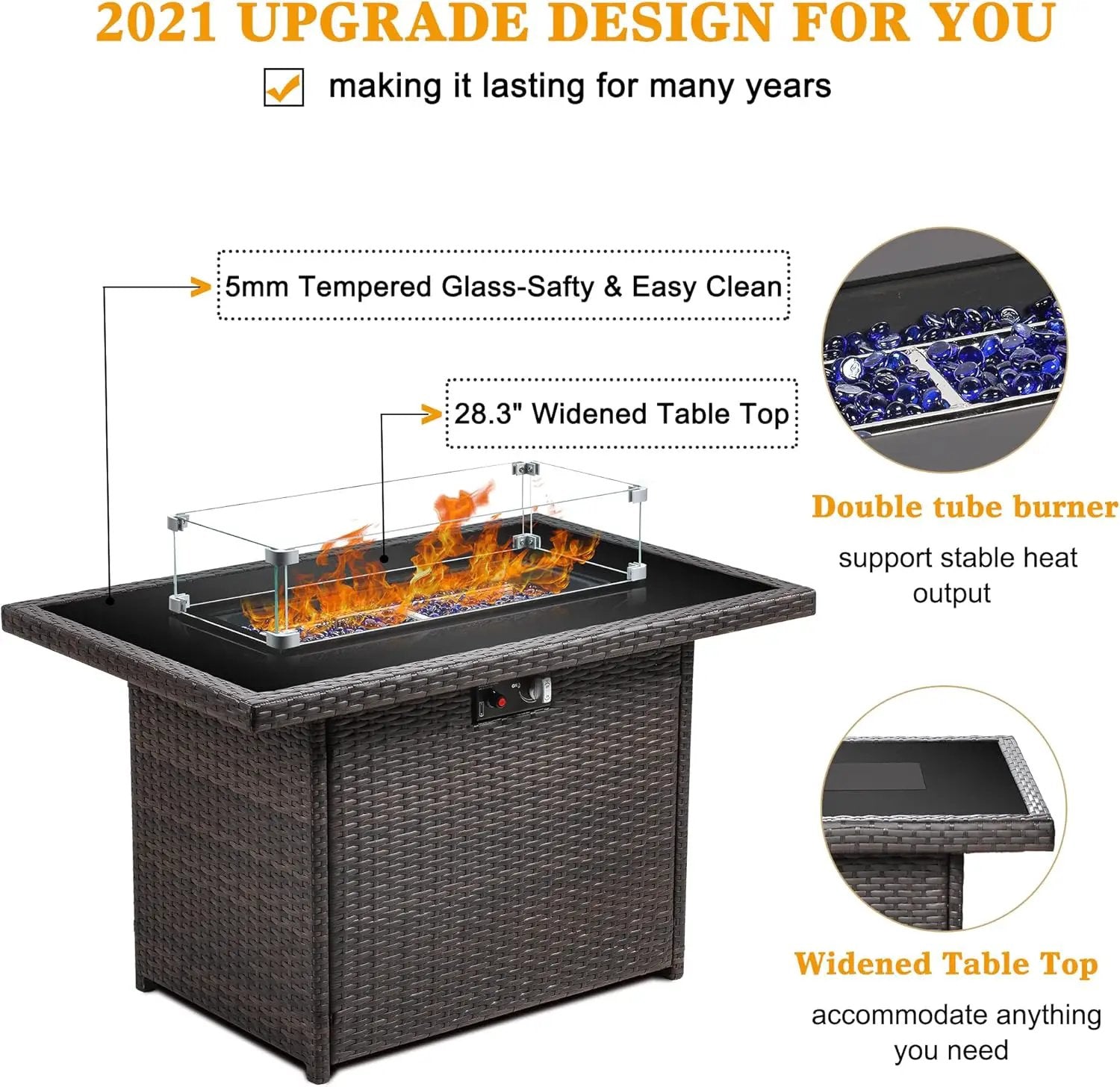 LayinSun 44" Propane Gas Fire Pit Table, 55000 BTU Rectangular Fire Pit with Glass Wind Guard for Outside Patio Deck Garden Backyard by GreenHaven Gardens