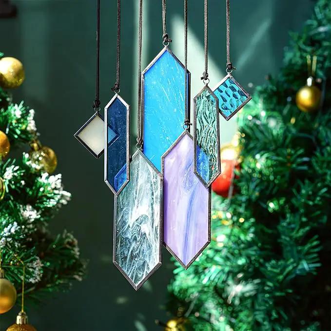 HDCRYSTALGIFTS Stained Glass Window Hanging Suncatchers - 7 Pieces Handcrafted Element Earth Tones Set,Modern Blue Wall Art Sun Catchers Indoor Window Glass Decor Gifts for Mom,Grandma by GreenHaven Gardens
