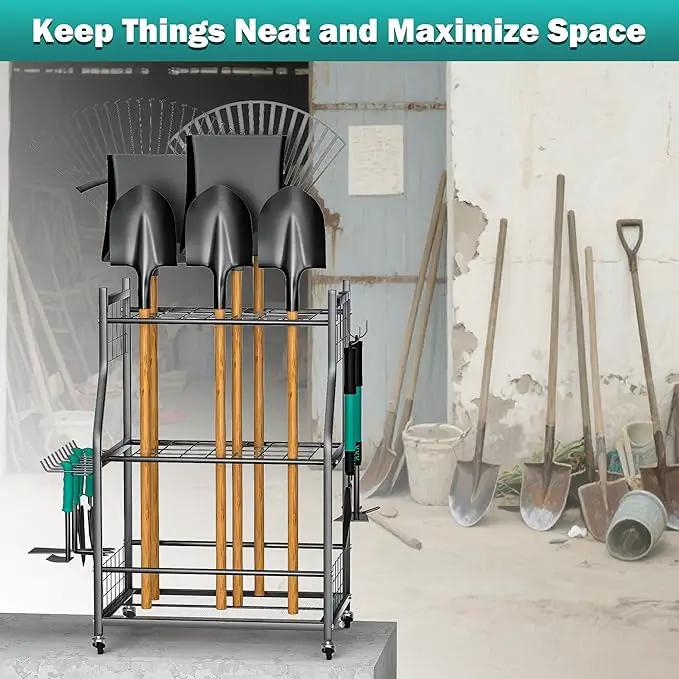 EVERHANGER Garden Tool Organizer Stand, Garage Tool Storage Organization, Yard Tool Racks with lockable wheels, Fit for Long-Handled Tools/Rakes/Brooms, Indoor/Outdoor Use by GreenHaven Gardens