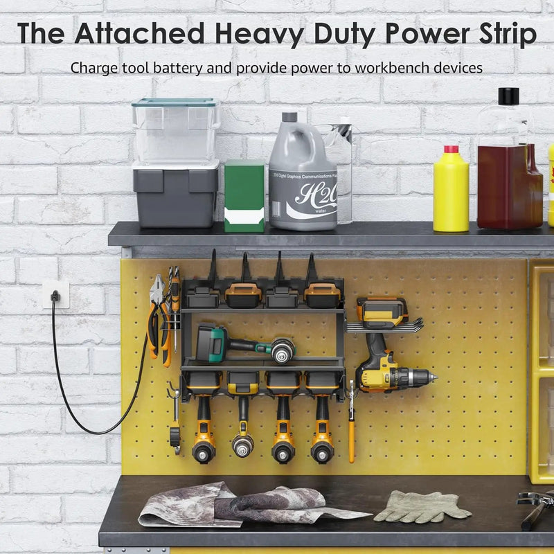 CCCEI Modular Power Tool Organizer Wall Mount Charging Station, Black 6 Drills Holder with 8 Plug Power Strip 10FT, Garage Drill Battery Heavy Duty Metal Shelf, Utility Rack with Hooks, Side Storage. by GreenHaven Gardens