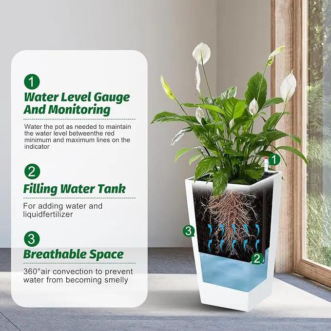 16" Tall Planters Set of 2, Outdoor＆Indoor Black Planter Pots, High Front Porch Planter Pots with Drainage Holes＆Water Level Monitor＆Inner Bucket, Automatic Watering,White by GreenHaven Gardens