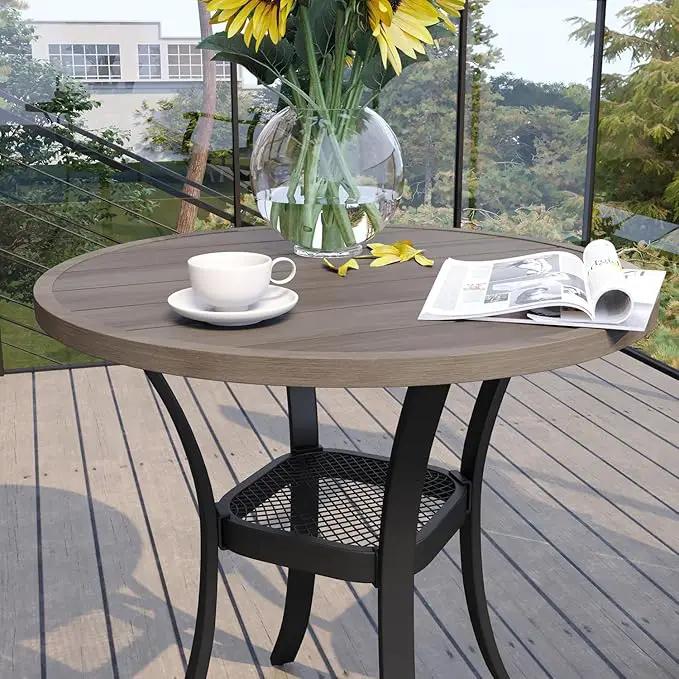 VICLLAX 27.5" Outdoor Round Patio Table for Lawn Garden, All Weather Metal Round Patio Dining Table with Storage Shelf, 2 Person Small Patio Table, Grey Wood-Like Tabletop by GreenHaven Gardens