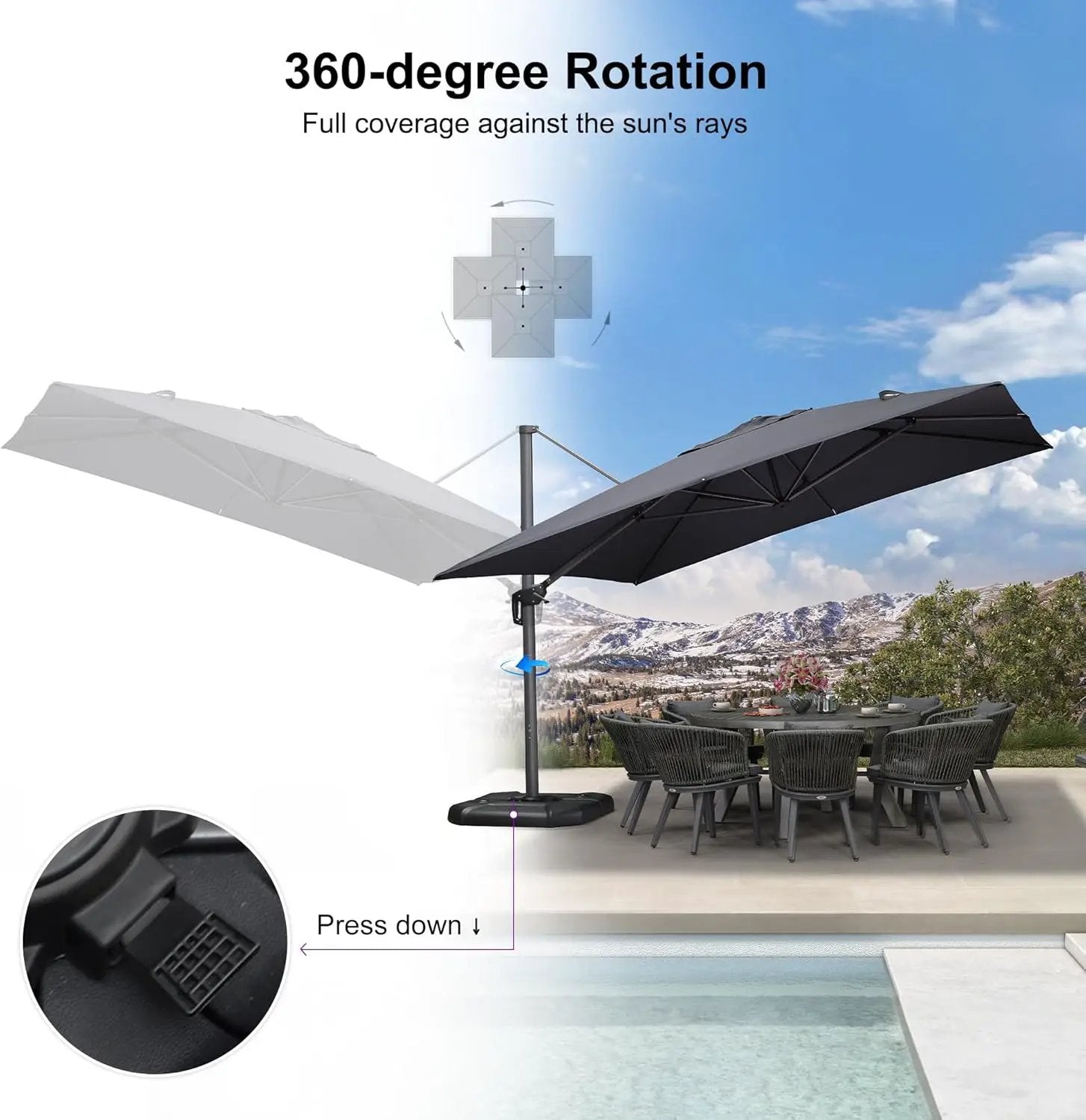 PURPLE LEAF 11.5' X 11.5' Telescopic Patio Umbrella Outdoor Cantilever Umbrella Square Up Down Lifting Offset Umbrella with 360-degree Rotation for Garden Deck Pool Patio Grey by GreenHaven Gardens