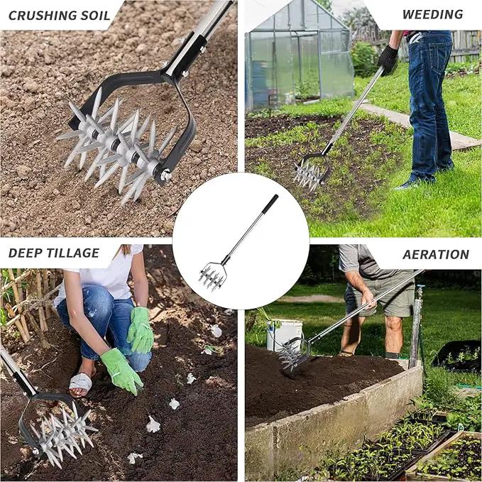 Rotary Cultivator Tool, Adjustable Garden Hand Tiller Cultivator, Long Handle Rotary Cultivator, Aerate, Weed, Plant, Garden Cultivator for Soil Mixing or Reseeding Grass by GreenHaven Gardens