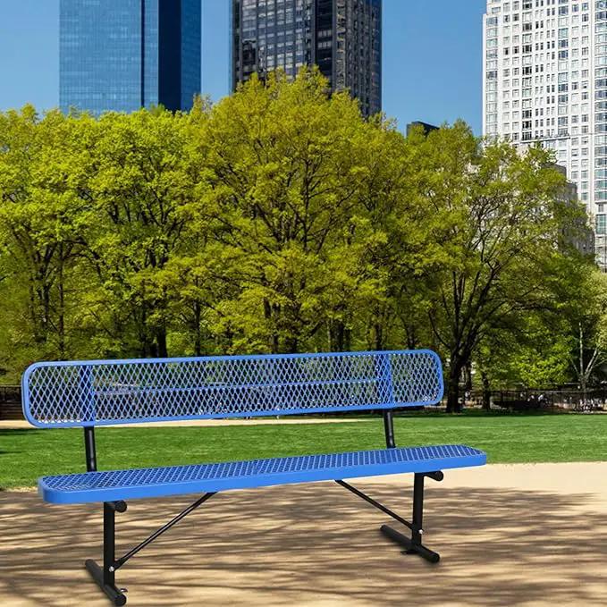 8FT Heavy Duty Park Bench with Back Portable Frame, Outdoor Steel Bench with Backrest, Outdoor Park Bench Expanded Metal Mesh Bench for Lawn, Park, Deck, Garden, Patio, Porch, Black (Blue, 8FT) by GreenHaven Gardens