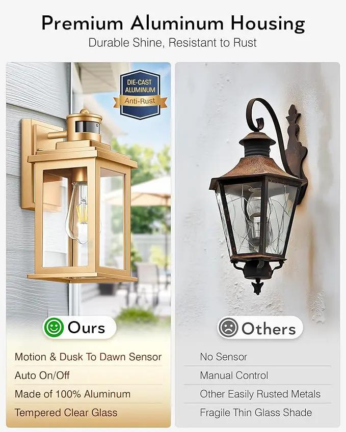 VIANIS Motion Sensor Exterior Lights for House, Dusk to Dawn Outdoor Light Fixture Lantern, Gold Waterproof Outdoor Motion Sensor Light for House, Doorway, Entryway, Garden, Hardwired, Non-Solar by GreenHaven Gardens