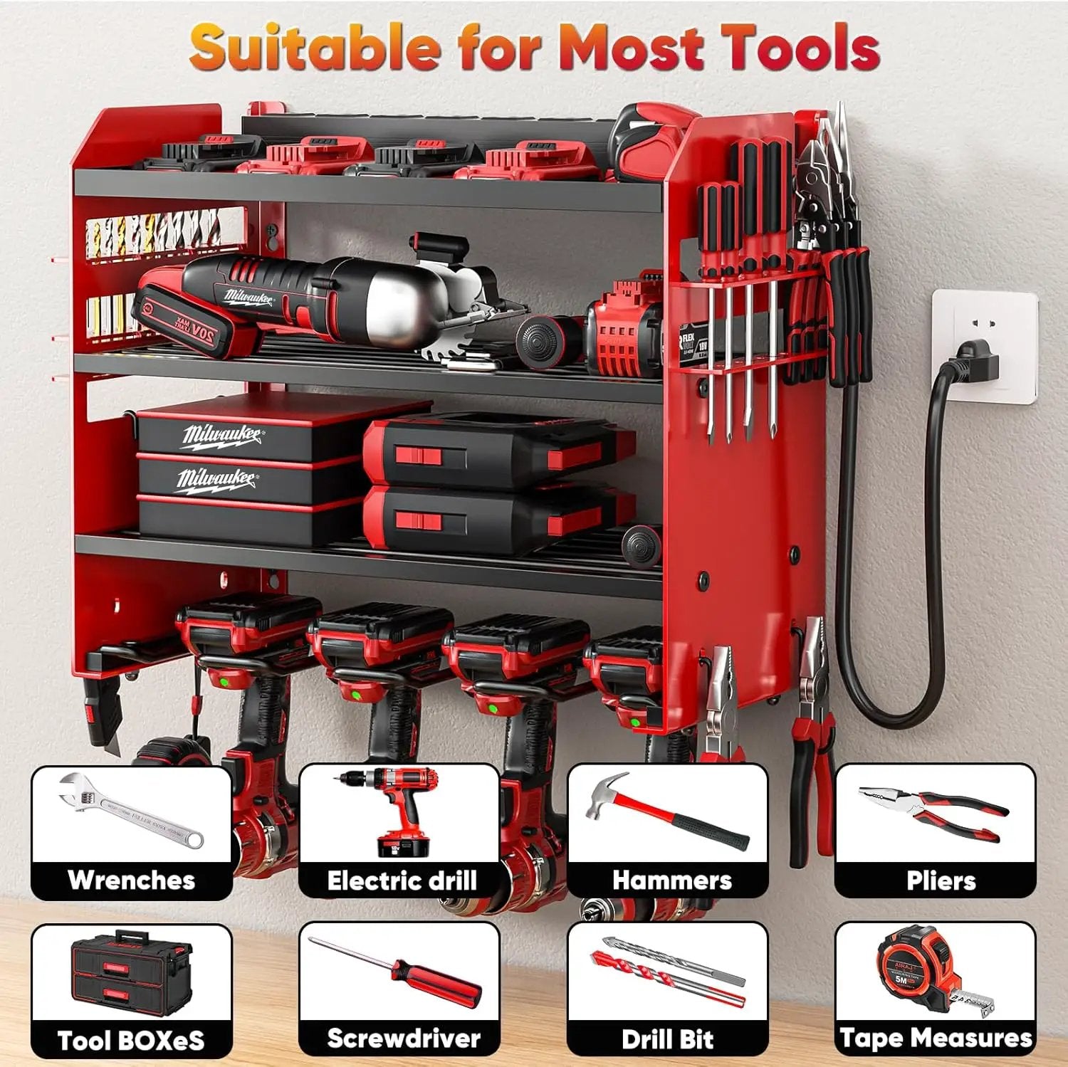 Power Tool Organizer Wall Mount with Charging Station,Tool Storage Rack with 8 Outlet Power Strip,Heavy Duty Metal Battery Utility Rack with 4 Cordless Drill Holder 6.56 Ft Cord for Garage by GreenHaven Gardens