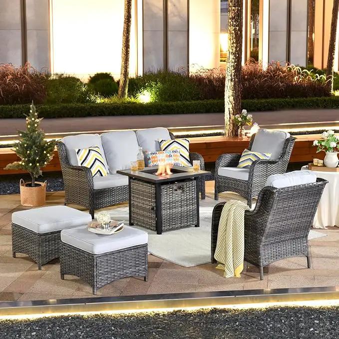 ovios 6 Pieces Patio Furniture Set with 30" Fire Pit Table, Outdoor Wicker Sofa with Ottomans, Comfy Cushions, High Back Couch Conversation Set, Grey Rattan, Grey by GreenHaven Gardens