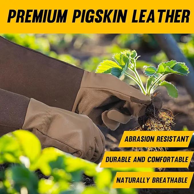 HANDLANDY Long Gardening Gloves for Men & Women, Cowhide Leather Rose Pruning Gloves- Breathable & Durable Gauntlet Glove (Large, Brown) by GreenHaven Gardens
