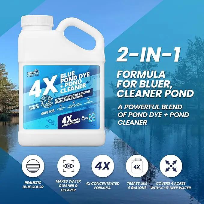 1 Gallon 4X Blue Pond Dye + Pond Cleaner, Blue Dye for Ponds and Lakes, 2-in-1 Lake Colorant + Enzymes, Makes Murky Water Clean & Beautiful, Keeps The Water Cool, Clear, and Ideal for Fish & Wildlife by GreenHaven Gardens