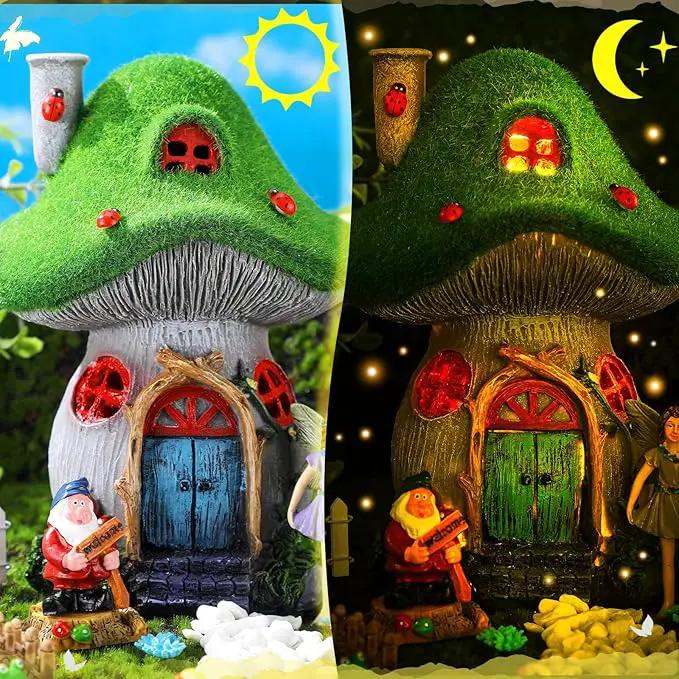 Suzile 50 Pcs Solar Fairy House Garden Accessories Light up Flocked Fairy House Garden Kit Green Resin Miniature Mushroom Figures Micro Landscape Ornament(Mushroom House) by GreenHaven Gardens