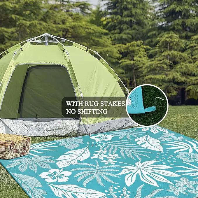 Pauwer Waterproof Outdoor Rug 9x12, Reversible Plastic Straw Patio Camping Rug, Indoor Outdoor RV Mat Carpet for Deck, Camper, Porch, Balcony, Backyard, Picnic, Floral Teal by GreenHaven Gardens