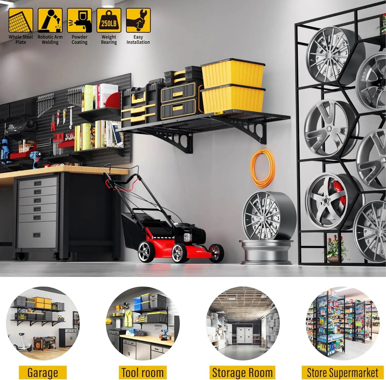 1.64x4ft Adjustable Rail Wall Garage Storage Shelf, for Tool Room, Storage Room, Store Supermarket Wall Storage Shelving Rack (1 Pack-Black) by GreenHaven Gardens