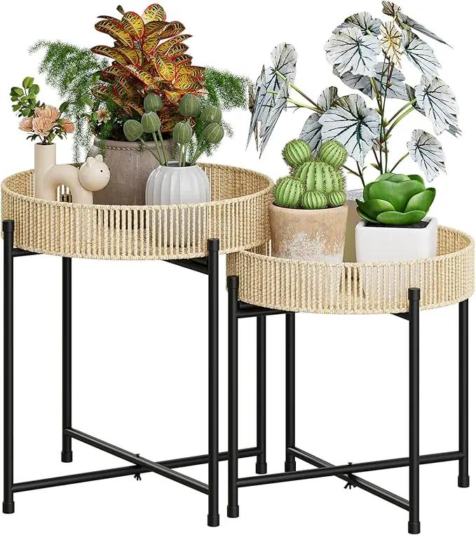 Bamworld Plant Stands Set of 2 Tall Plant Stand Indoor Rattan Plant Table for 5 Pots Plants Round Flower Stand Outdoor for Home Decor Balcony Patio by GreenHaven Gardens
