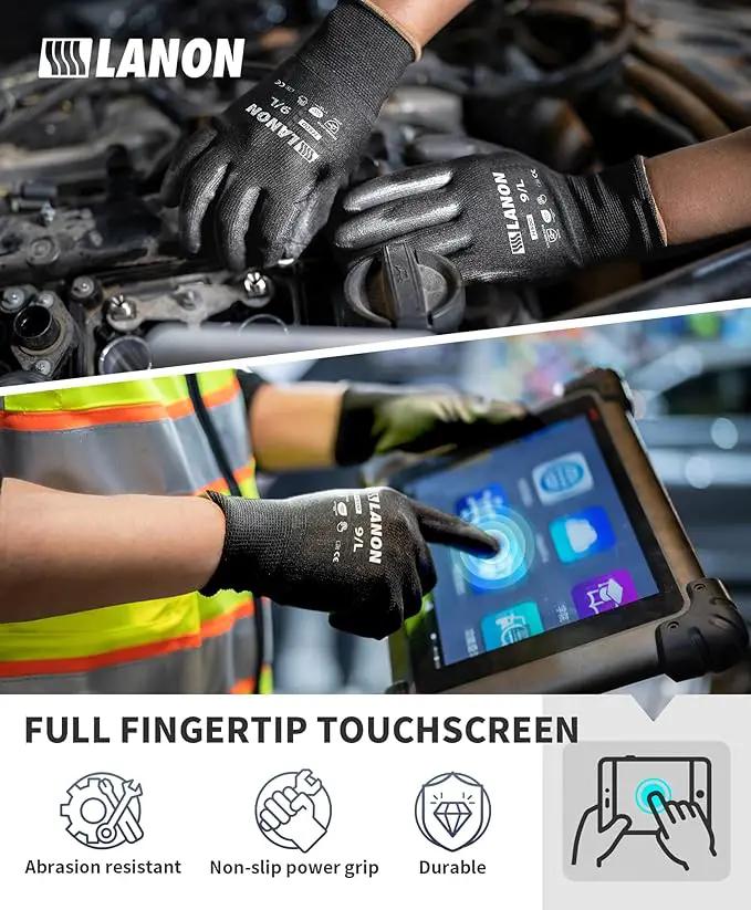 LANON Safety Work Gloves for Men and Women, 18 Pairs Mechanic Black Working Gloves with Grip Odorless PU Coated, Seamless Knit, Full Fingertip Touchscreen for Light Duty Working Gloves, Large by GreenHaven Gardens