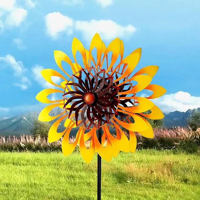 Sunflower Wind Spinners, 360 Degrees Swivel Metal Wind Sculptures, 76" Large Garden Pinwheels for Yard Lawn Patio Decor by GreenHaven Gardens