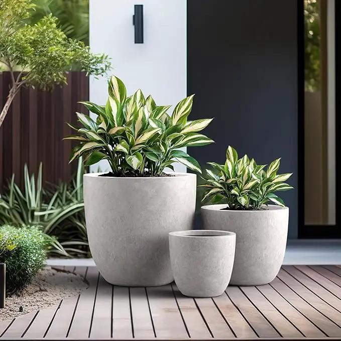 Kante 18",14",10" Dia Concrete Round Planters (Set of 3), Outdoor Indoor Large Planter Pots with Drainage Hole and Rubber Plug for Home Patio Garden, Light Gray by GreenHaven Gardens