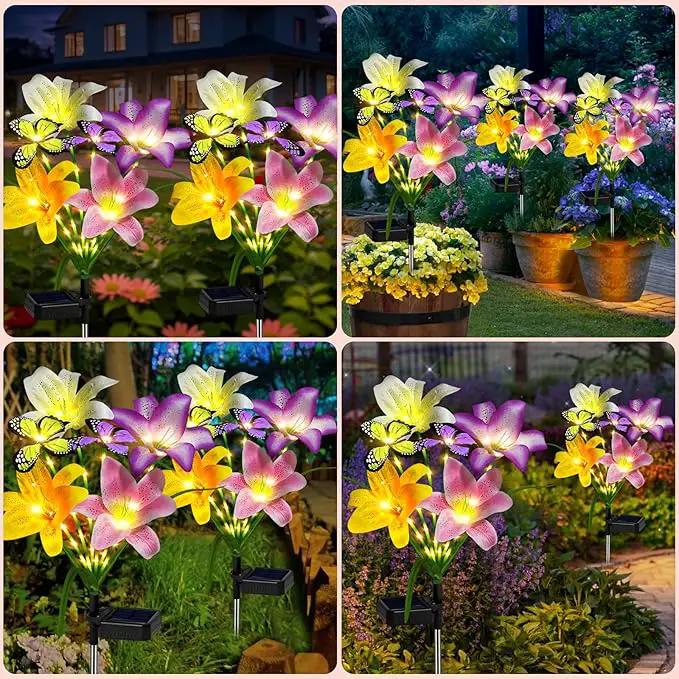Solar Garden Lights Outdoor, 4 Pack Flower Lights for Outside, 16 Solar Lilies with Butterflies, Waterproof Garden Decor for Yard, Patio, Gifts for Women Mom (4 pcs Lilies) by GreenHaven Gardens