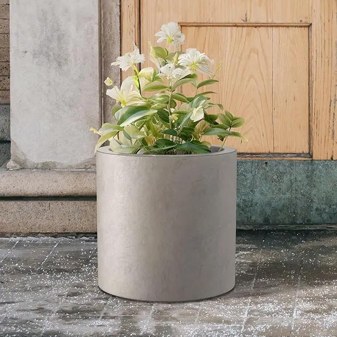 Kante 15.7" Dia Round Concrete Planter, Modern Style Large Cylindrical Plant Pot with Drainage Hole and Rubber Plug for Indoor Outdoor Patio, Weathered Concrete by GreenHaven Gardens