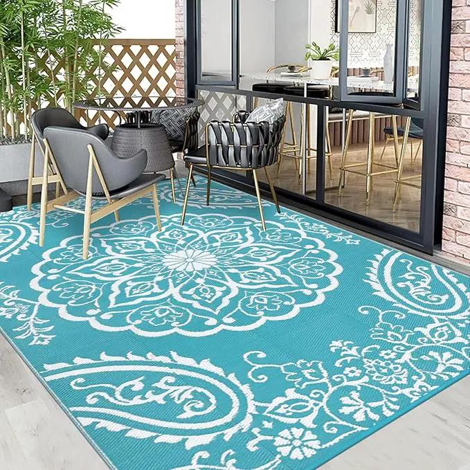 Pauwer Waterproof Outdoor Rug 9x12, Reversible Plastic Straw Patio Camping Rug, Indoor Outdoor RV Mat Carpet for Deck, Camper, Porch, Balcony, Backyard, Picnic, Boho Teal by GreenHaven Gardens