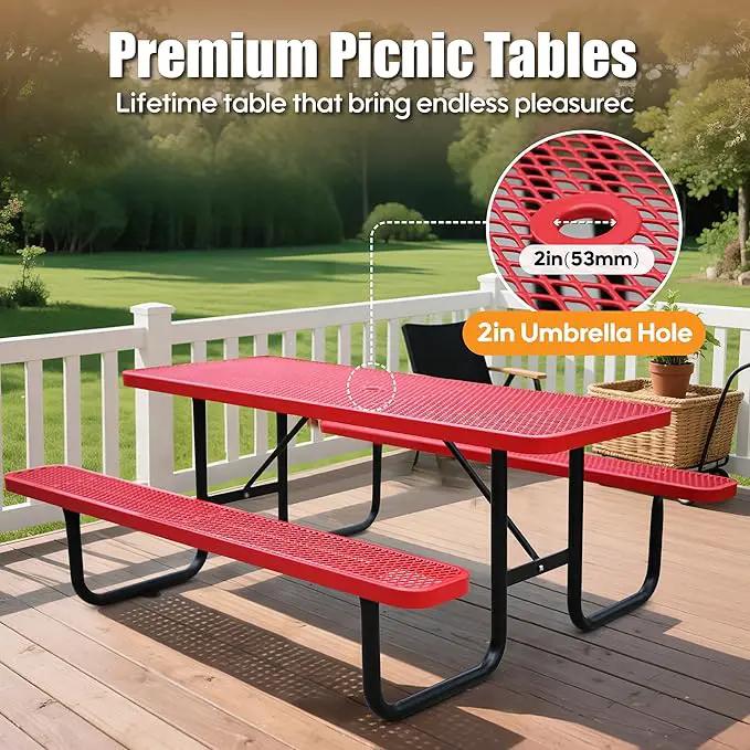 6FT Metal Picnic Tables for Outdoors, Commercial Rectangular Picnic Table and Bench Set for Outside, Patio, Garden, Backyard, Porch, Surface Mount, Red by GreenHaven Gardens