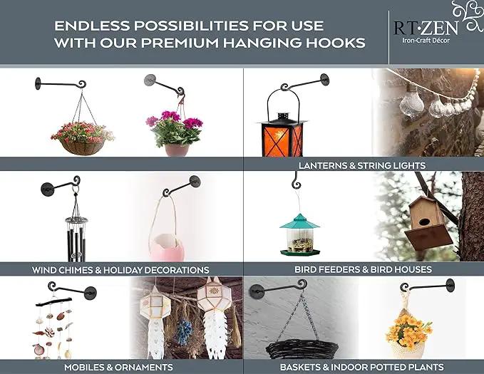 RTZEN Plant Hangers Outdoor or Indoor - Wrought Iron Metal Hanger Indoor Hook - Heavy Duty Wall Bracket Hooks for Hanging Plants Baskets Lanterns Wind Chimes - 2 Pack (Black Swirl Hooks) by GreenHaven Gardens