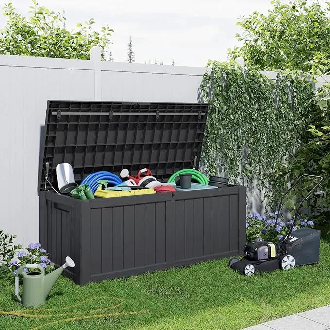 120 Gallon Resin Deck Box, Lockable Patio Outdoor Storage Box for Furniture, Garden Tools and Tools Storage, Waterproof Outside Storage Boxes - Black by GreenHaven Gardens