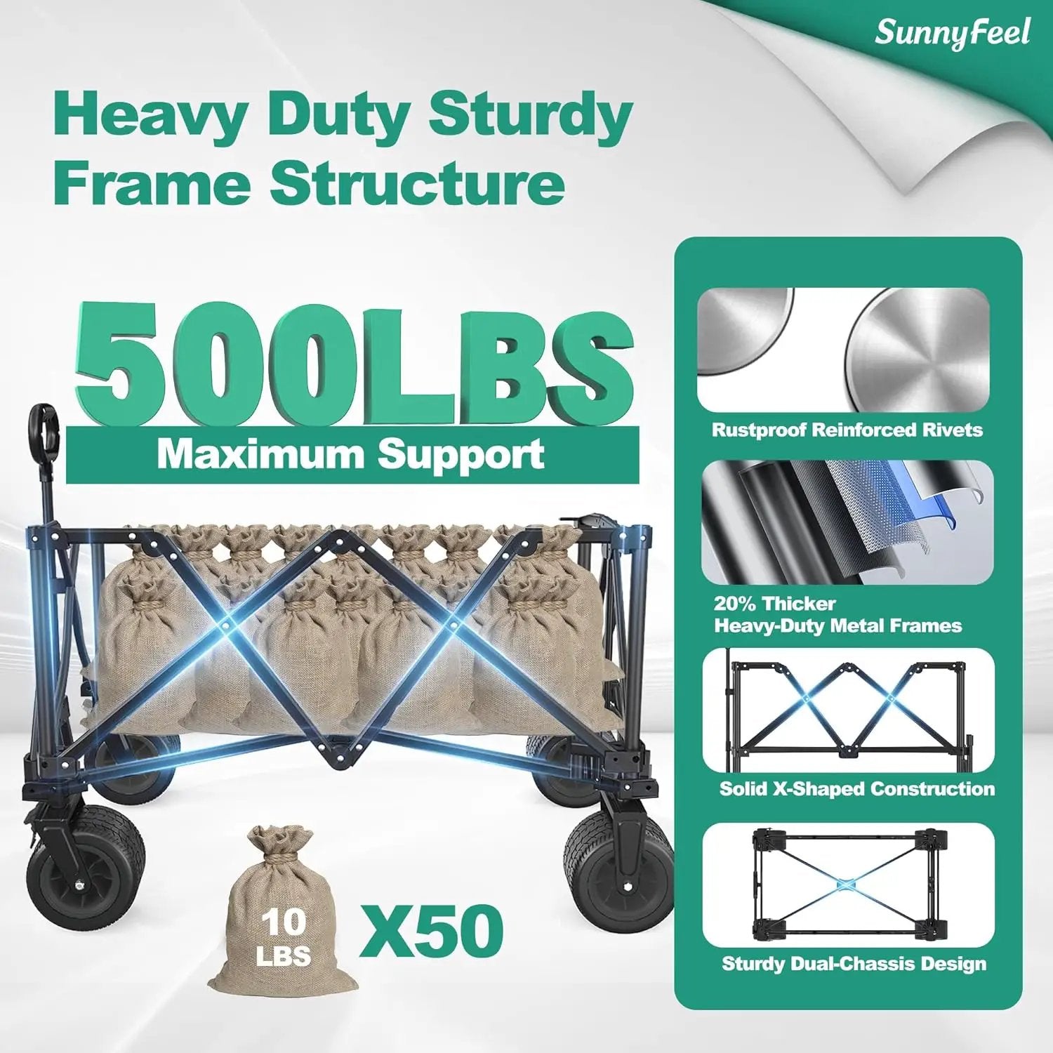 SUNNYFEEL Heavy Duty Collapsible Outdoor Utility Wagon Cart 500LB Capacity Adjustable Handlebar,Foldable Beach Wheels Stable Durable Oxford Fabric for Shopping Garden Camping (Black, Tall Version) by GreenHaven Gardens