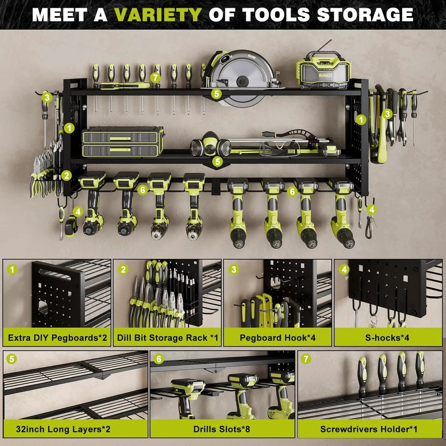 Power Tool Organizer Wall Mount,Cordless Drill Hanger Storage Rack 8 Drill Holder,3 Layers Heavy Duty Power Tool Storage Rack (Black) by GreenHaven Gardens