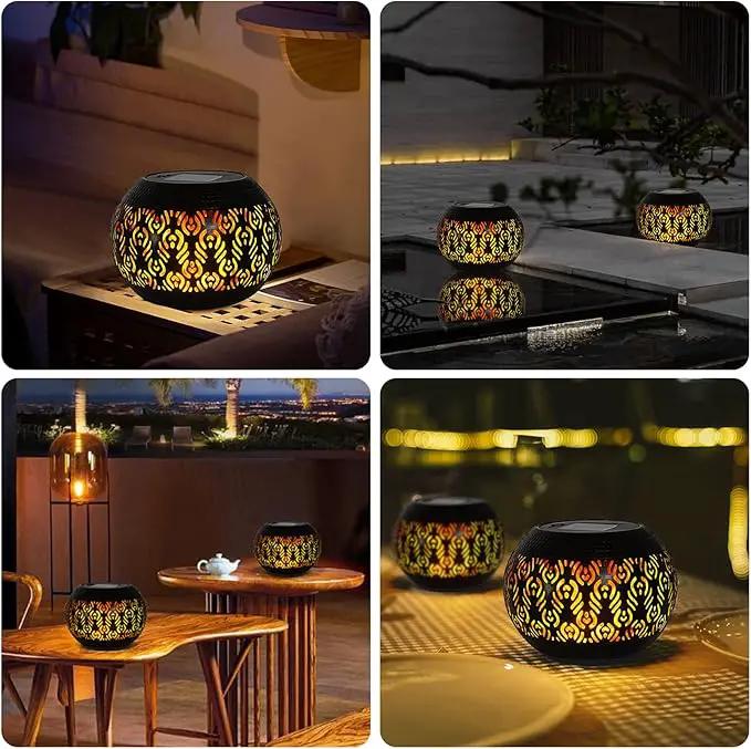 Solar Table Light Outdoor Waterproof - Solar Powered LED Lamp Dancing Flickering Flame,Hollowed-Out Black Peacock Feather Metal Desktop Decorative Lantern for Desk Patio Garden Pathway Yard by GreenHaven Gardens