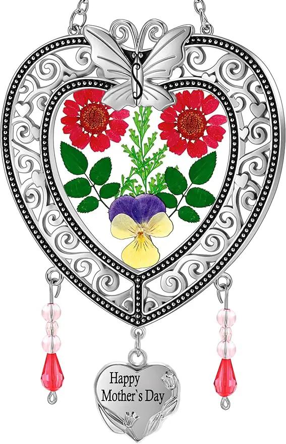 KY&BOSAM Suncatcher Happy Mother’s Day Stained Glass Tree of Life Heart Gifts Garden Ornament Wind Chimes for Windows Pressed Flower Between Heart in Glass Metal Engraved Charm as by GreenHaven Gardens
